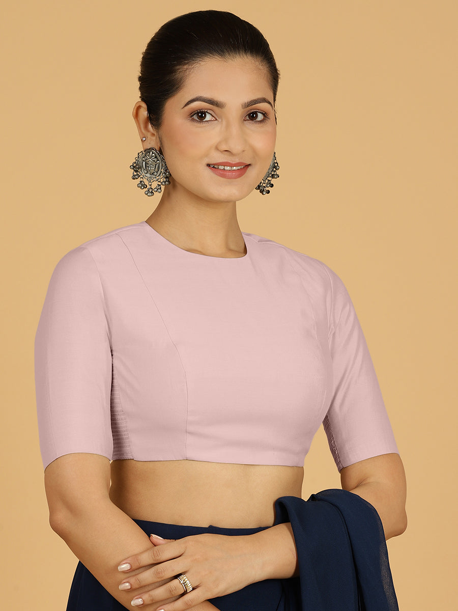 Amisha x Rozaana Saree Blouse, in Pink Viscose, featuring elbow sleeves and jewel neckline, made for daily & work (view 5).