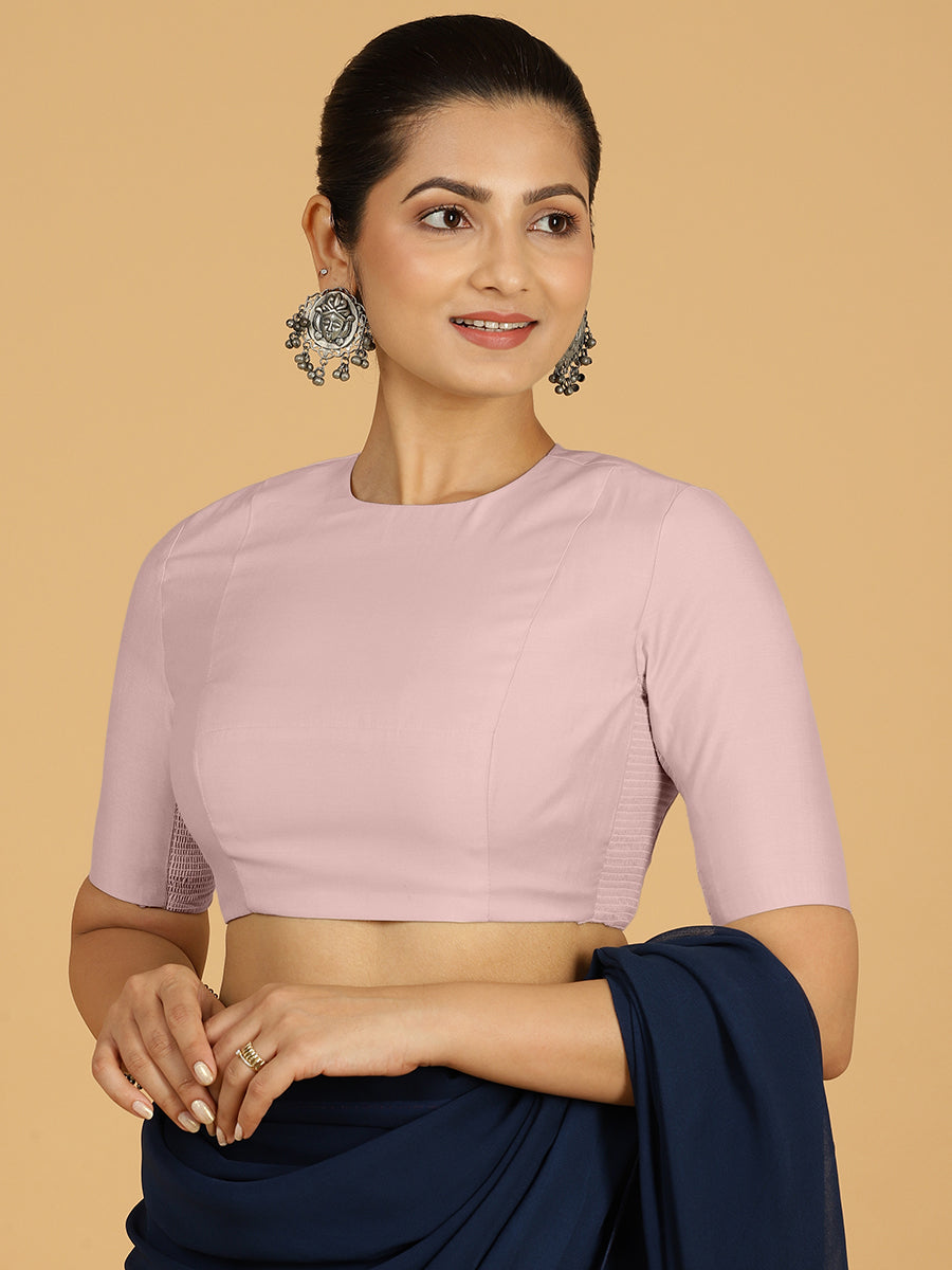 Amisha x Rozaana Saree Blouse, in Pink Viscose, featuring elbow sleeves and jewel neckline, made for daily & work (view 6).