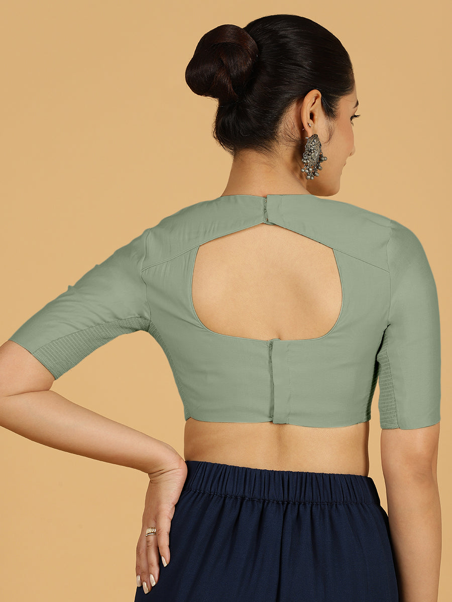 Amisha x Rozaana Saree Blouse, in Green Viscose, featuring elbow sleeves and jewel neckline, made for daily & work (view 2).