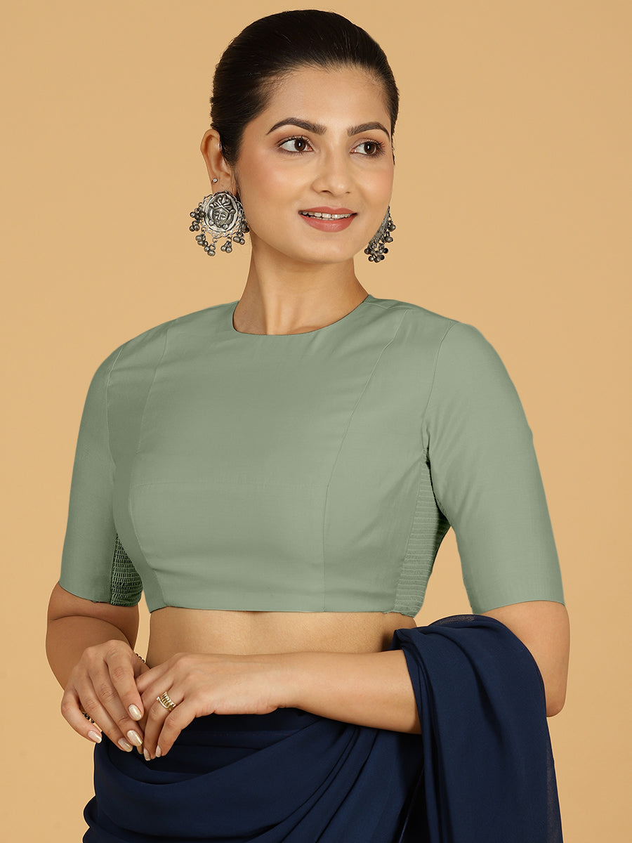 Amisha x Rozaana Saree Blouse, in Green Viscose, featuring elbow sleeves and jewel neckline, made for daily & work (view 6).