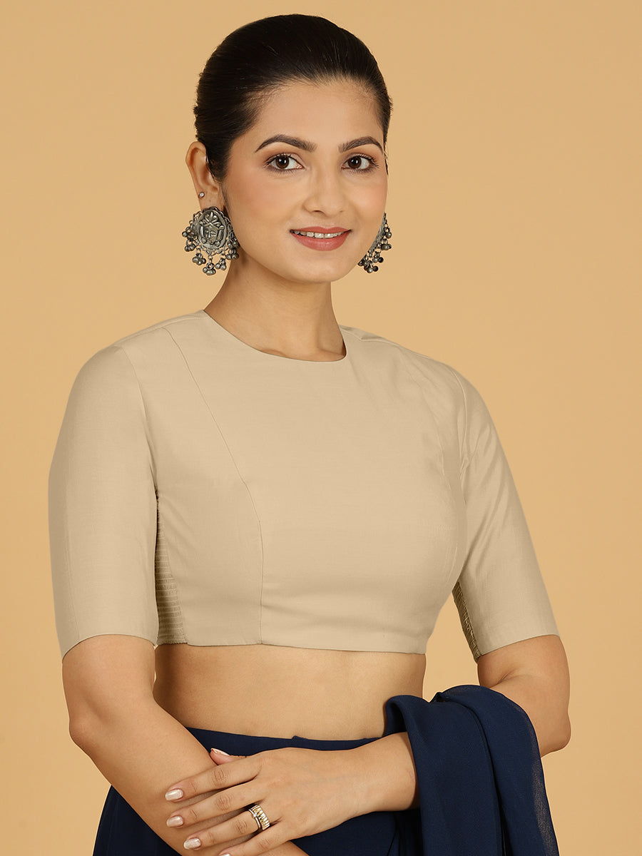 Amisha x Rozaana Saree Blouse, in Grey Viscose, featuring elbow sleeves and jewel neckline, made for daily & work.