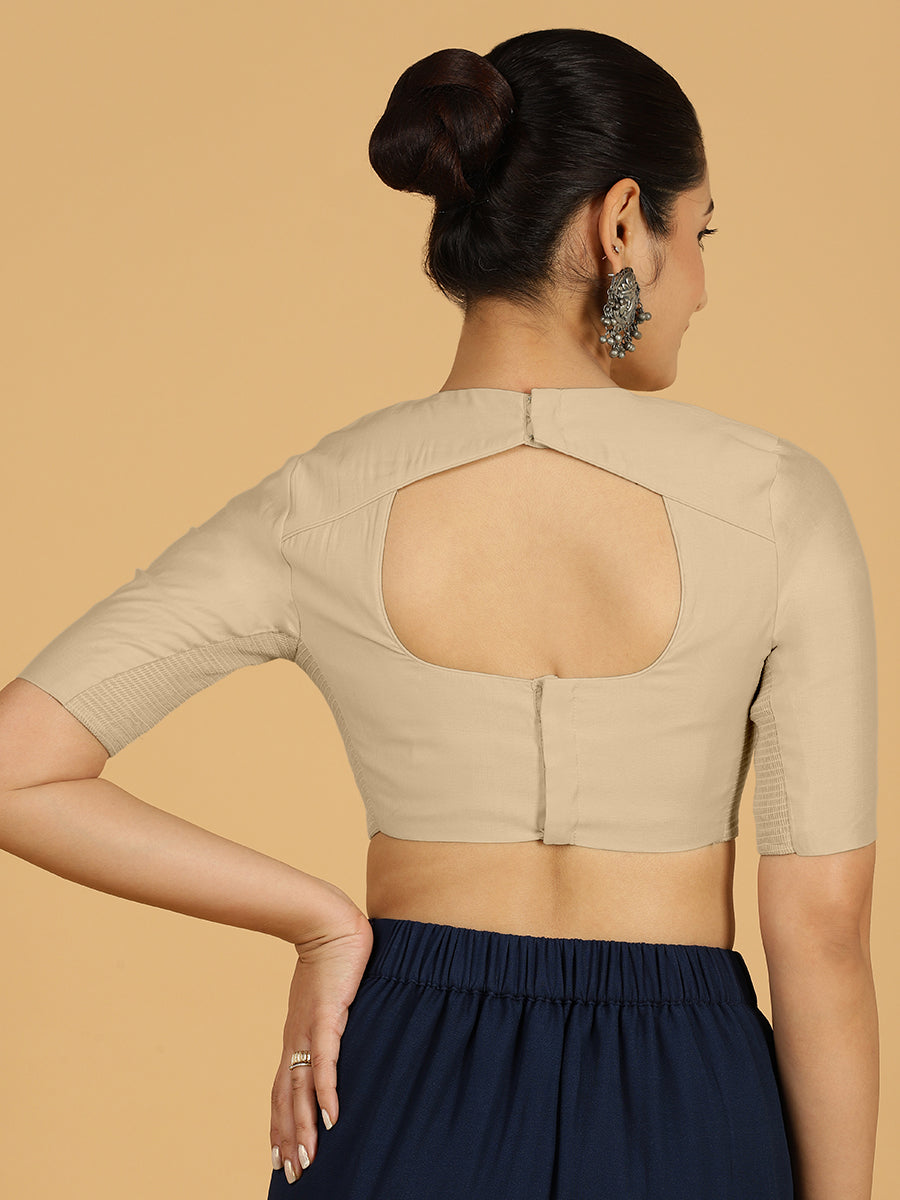 Amisha x Rozaana Saree Blouse, in Grey Viscose, featuring elbow sleeves and jewel neckline, made for daily & work (view 2).