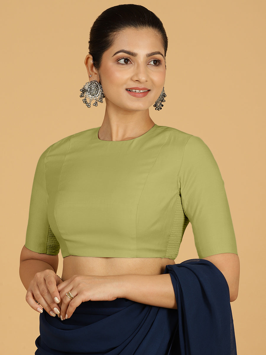 Amisha x Rozaana Saree Blouse, in Green Viscose, featuring elbow sleeves and stylised neckline, made for daily & work (view 6).