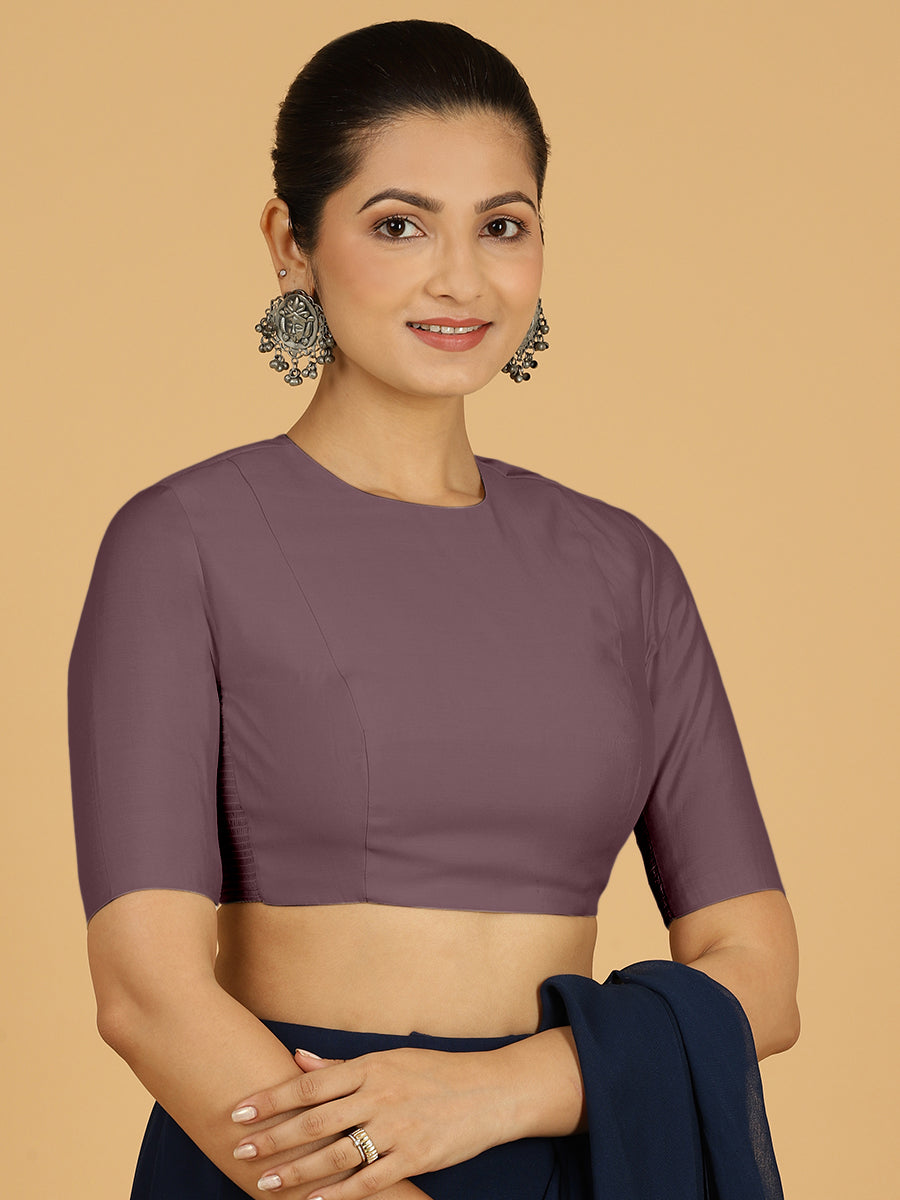 Amisha x Rozaana Saree Blouse, in Purple Viscose, featuring elbow sleeves and jewel neckline, made for daily & work (view 5).