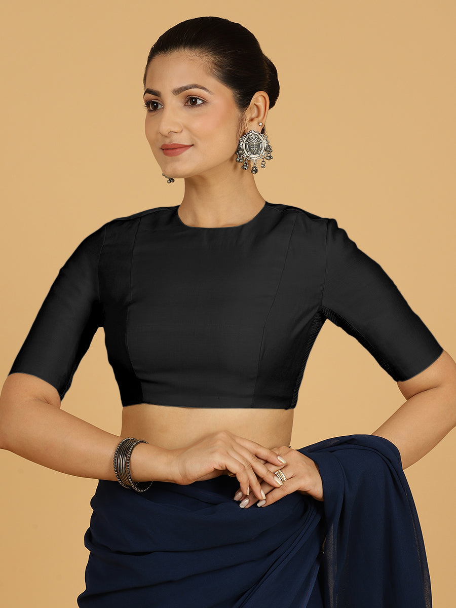 Amisha x Rozaana Saree Blouse, in Black Viscose, featuring elbow sleeves and jewel neckline, made for daily & work (view 7).