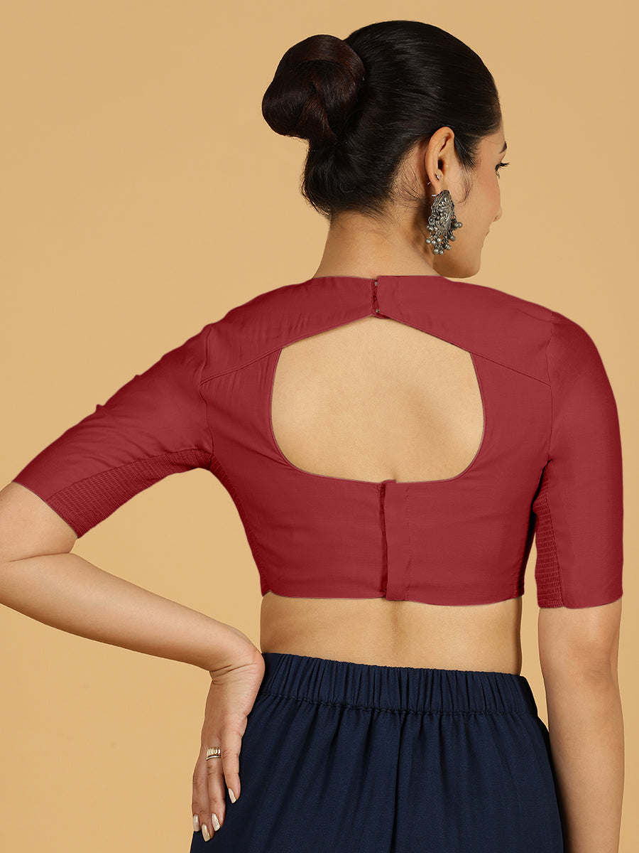Amisha x Rozaana Saree Blouse, in Red Viscose, featuring elbow sleeves and jewel neckline, made for daily & work (view 2).