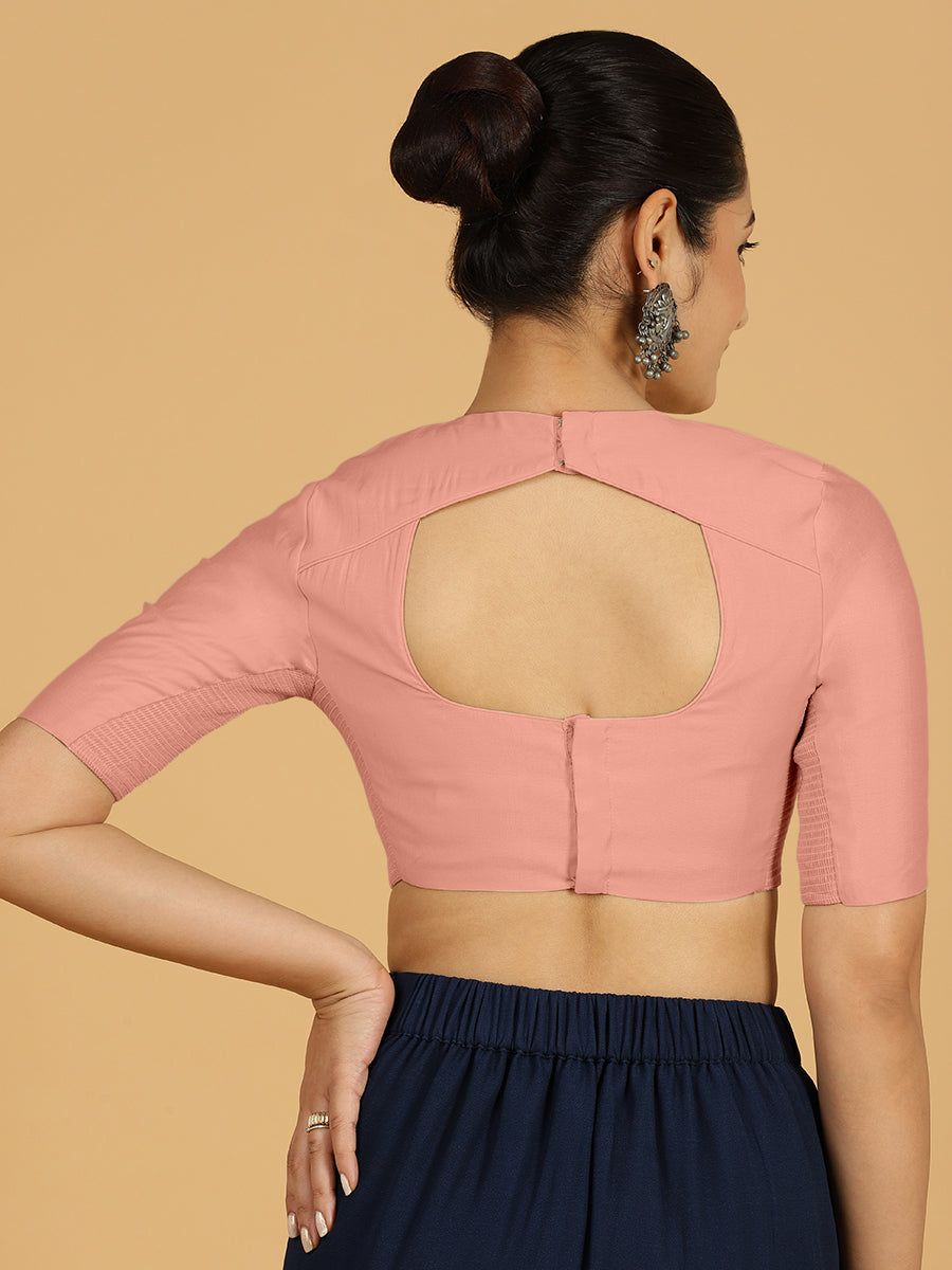 Amisha x Rozaana Saree Blouse, in Pink Viscose, featuring elbow sleeves and jewel neckline, made for daily & work (view 2).