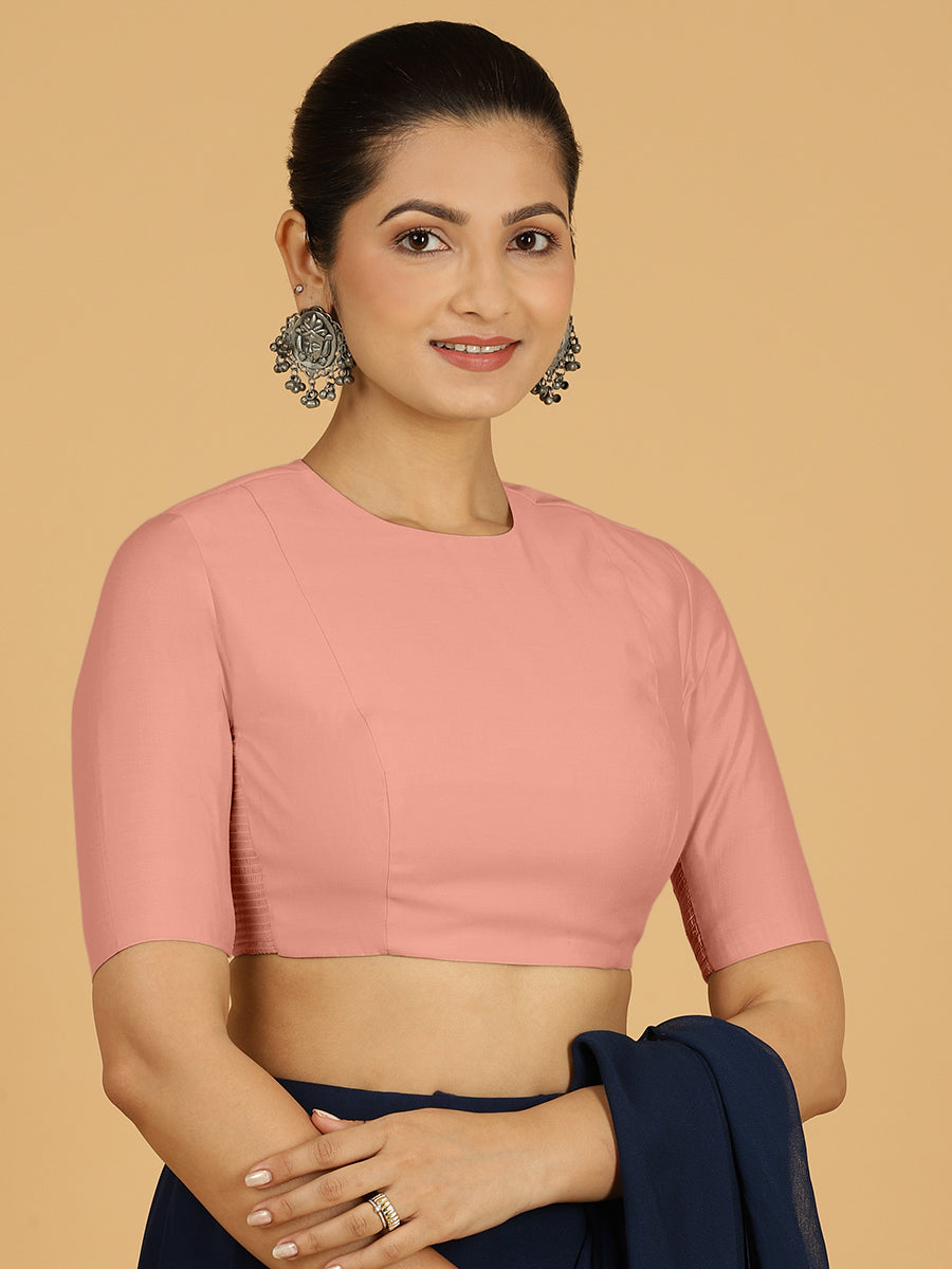 Amisha x Rozaana Saree Blouse, in Pink Viscose, featuring elbow sleeves and jewel neckline, made for daily & work (view 5).