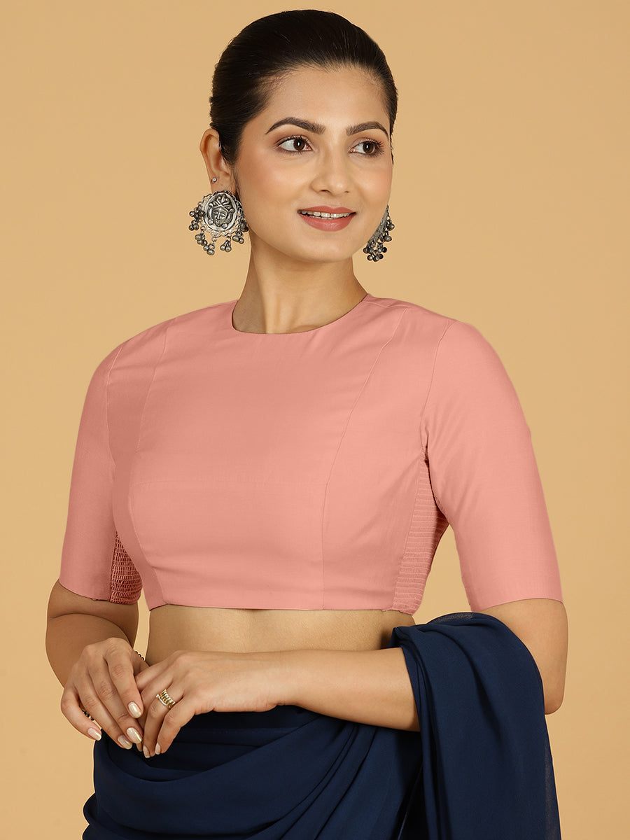 Amisha x Rozaana Saree Blouse, in Pink Viscose, featuring elbow sleeves and jewel neckline, made for daily & work (view 6).