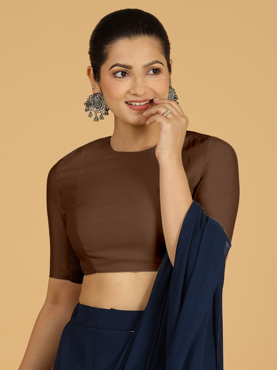 Amisha x Rozaana Saree Blouse, in Brown Viscose, featuring elbow sleeves and jewel neckline, made for daily & work.