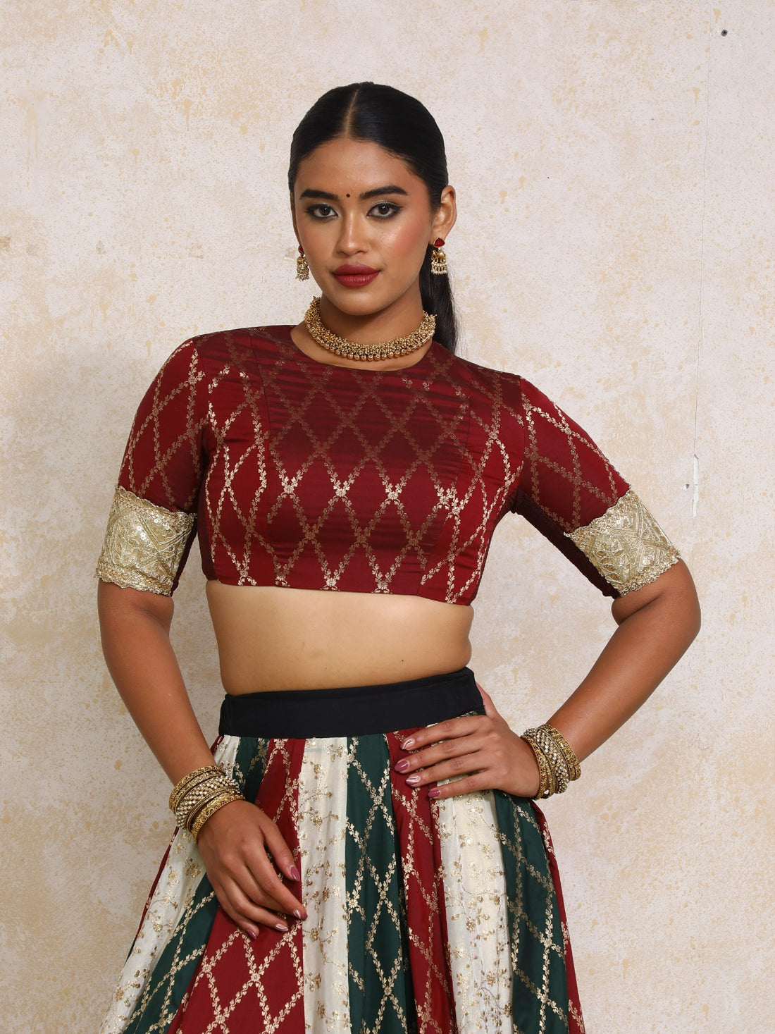 Amrita x Tyohaar Saree Blouse, in Maroon Viscose Silk Brocade, featuring elbow sleeves and jewel neckline (view 6).