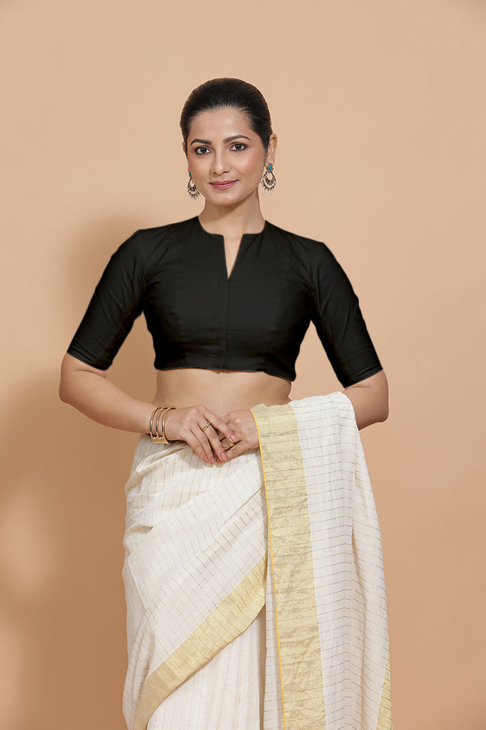 Ananya x Rozaana Saree Blouse, in Black Cotton, featuring elbow sleeves and round neckline, made for daily & work.
