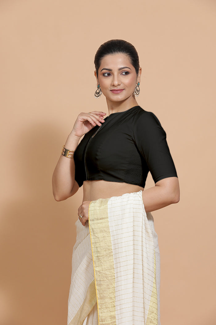 Ananya x Rozaana Saree Blouse, in Black Cotton, featuring elbow sleeves and round neckline, made for daily & work (view 5).