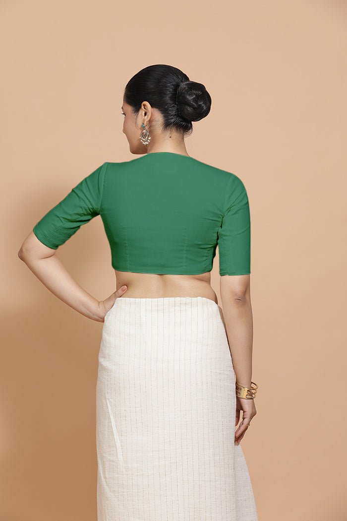 Ananya x Rozaana Saree Blouse, in Green 100% Cotton - Solid, featuring elbow sleeves and round neckline (view 2).
