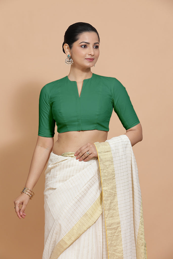 Ananya x Rozaana Saree Blouse, in Green 100% Cotton - Solid, featuring elbow sleeves and round neckline (view 7).