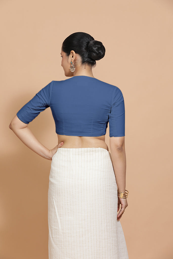 Ananya x Rozaana Saree Blouse, in Blue 100% Cotton - Solid, featuring elbow sleeves and round neckline (view 2).