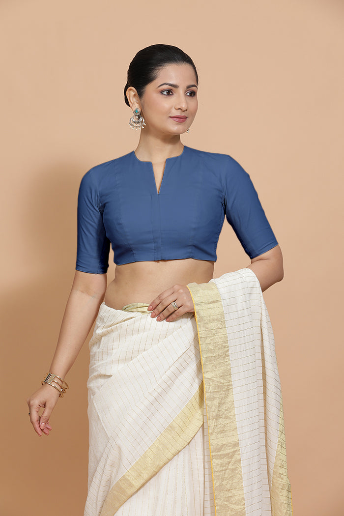 Ananya x Rozaana Saree Blouse, in Blue 100% Cotton - Solid, featuring elbow sleeves and round neckline (view 7).