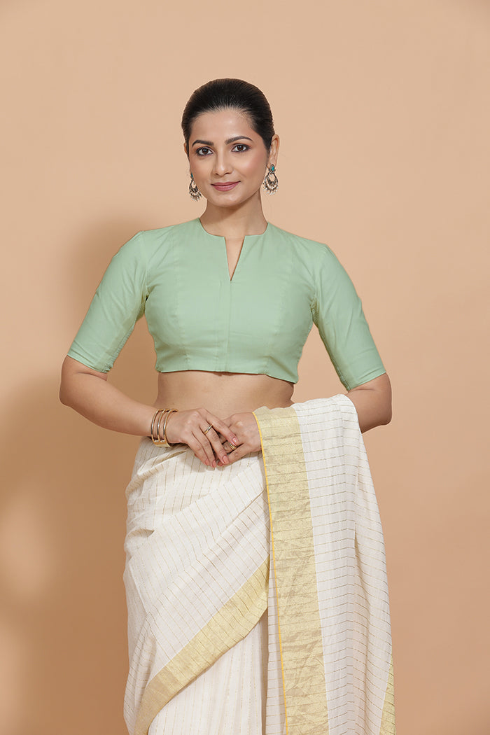 Ananya x Rozaana Saree Blouse, in Green Cotton, featuring elbow sleeves and round neckline, made for daily & work (view 6).