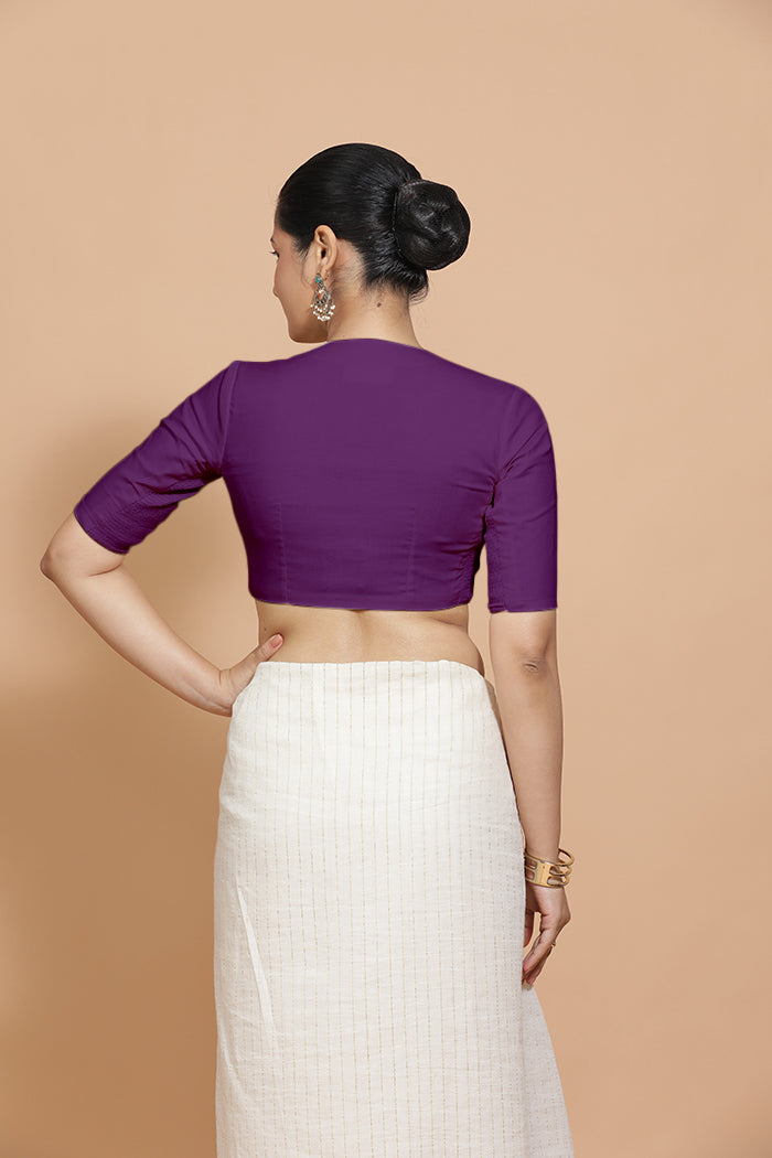 Ananya x Rozaana Saree Blouse, in Purple Cotton, featuring elbow sleeves and round neckline, made for daily & work (view 2).