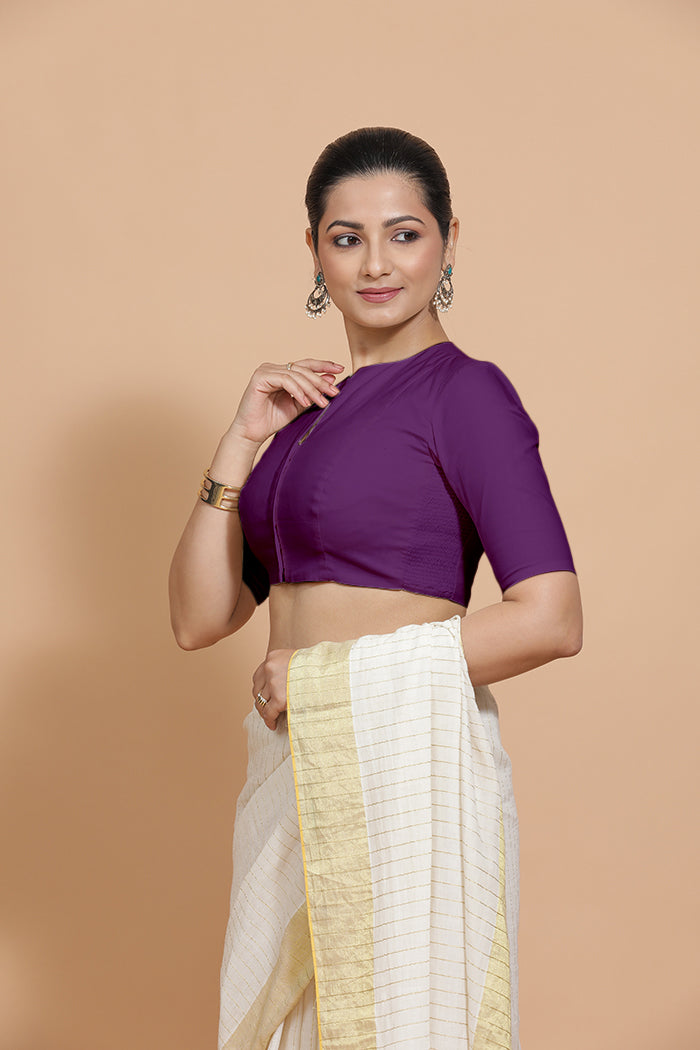 Ananya x Rozaana Saree Blouse, in Purple Cotton, featuring elbow sleeves and round neckline, made for daily & work (view 5).