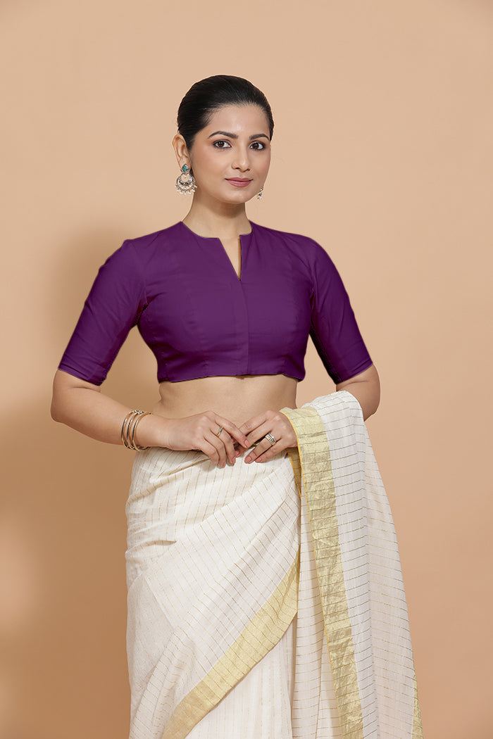 Ananya x Rozaana Saree Blouse, in Purple Cotton, featuring elbow sleeves and round neckline, made for daily & work (view 6).