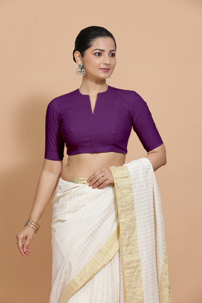 Ananya x Rozaana Saree Blouse, in Purple Cotton, featuring elbow sleeves and round neckline, made for daily & work (view 7).