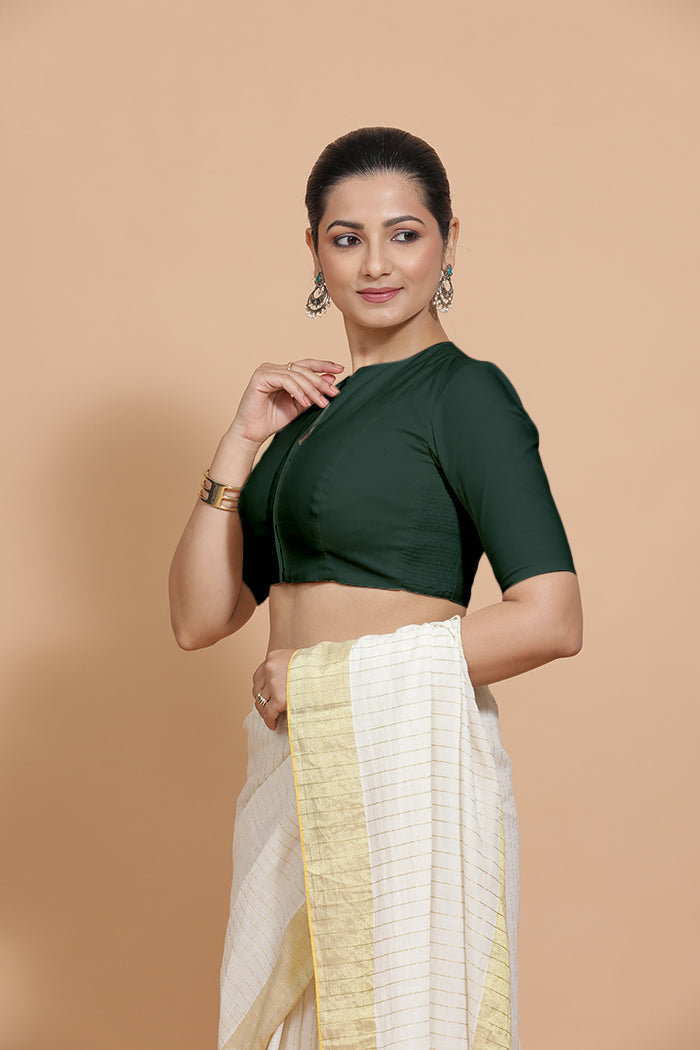 Ananya x Rozaana Saree Blouse, in Green Cotton, featuring elbow sleeves and round neckline, made for daily & work (view 5).