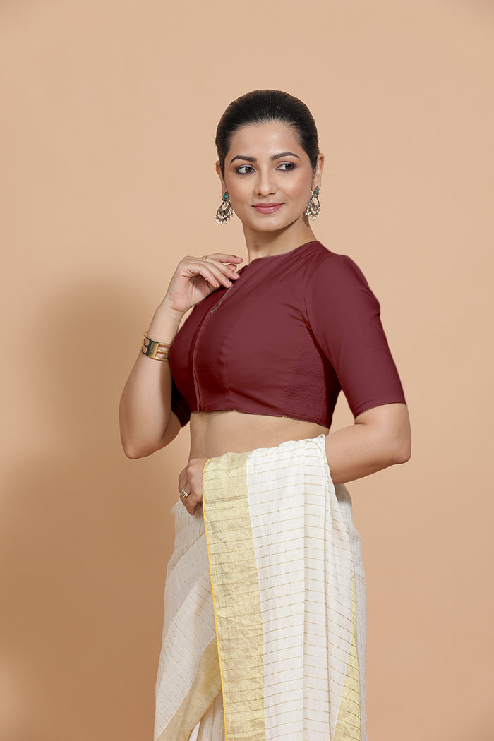 Ananya x Rozaana Saree Blouse, in Maroon Cotton, featuring elbow sleeves and round neckline, made for daily & work (view 5).