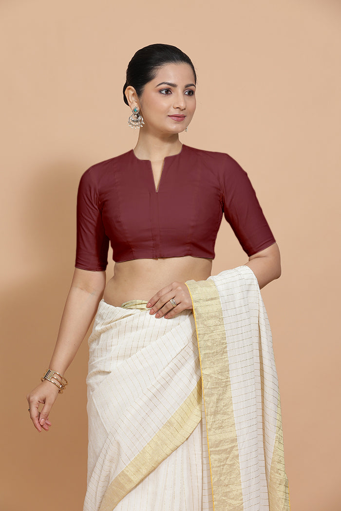 Ananya x Rozaana Saree Blouse, in Maroon Cotton, featuring elbow sleeves and round neckline, made for daily & work (view 7).