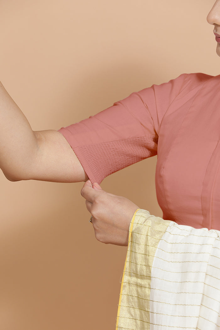 Ananya x Rozaana Saree Blouse, in Peach Cotton, featuring elbow sleeves and round neckline, made for daily & work (view 4).
