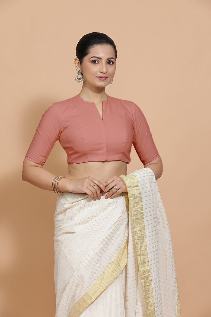 Ananya x Rozaana Saree Blouse, in Peach Cotton, featuring elbow sleeves and round neckline, made for daily & work (view 5).