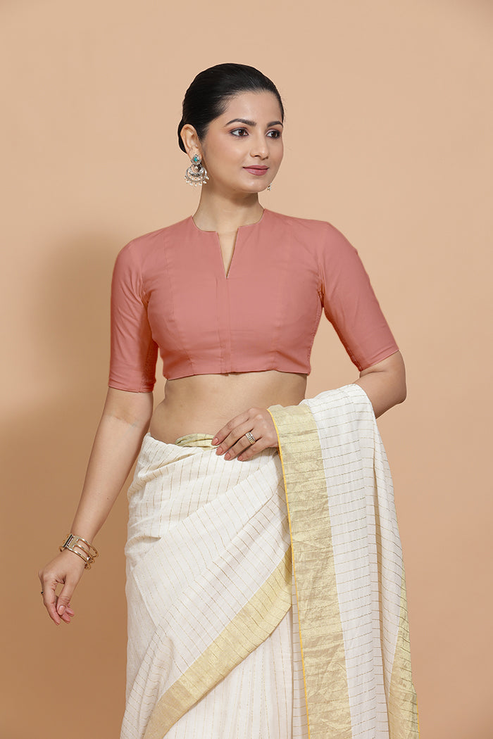 Ananya x Rozaana Saree Blouse, in Peach Cotton, featuring elbow sleeves and round neckline, made for daily & work (view 6).