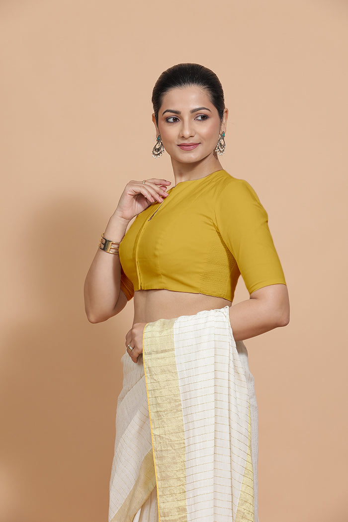 Ananya x Rozaana | Round Neck Sunny Yellow Plain Cotton Saree Blouse