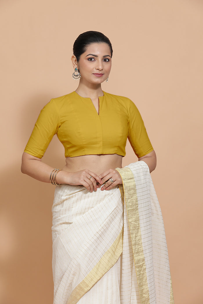 Ananya x Rozaana Saree Blouse, in Yellow Cotton, featuring elbow sleeves and round neckline, made for daily & work (view 5).