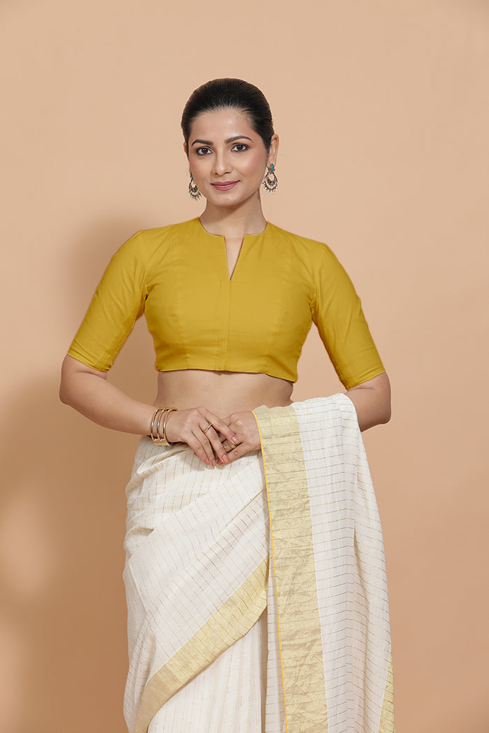 Ananya x Rozaana Saree Blouse, in Yellow Cotton, featuring elbow sleeves and round neckline, made for daily & work (view 7).