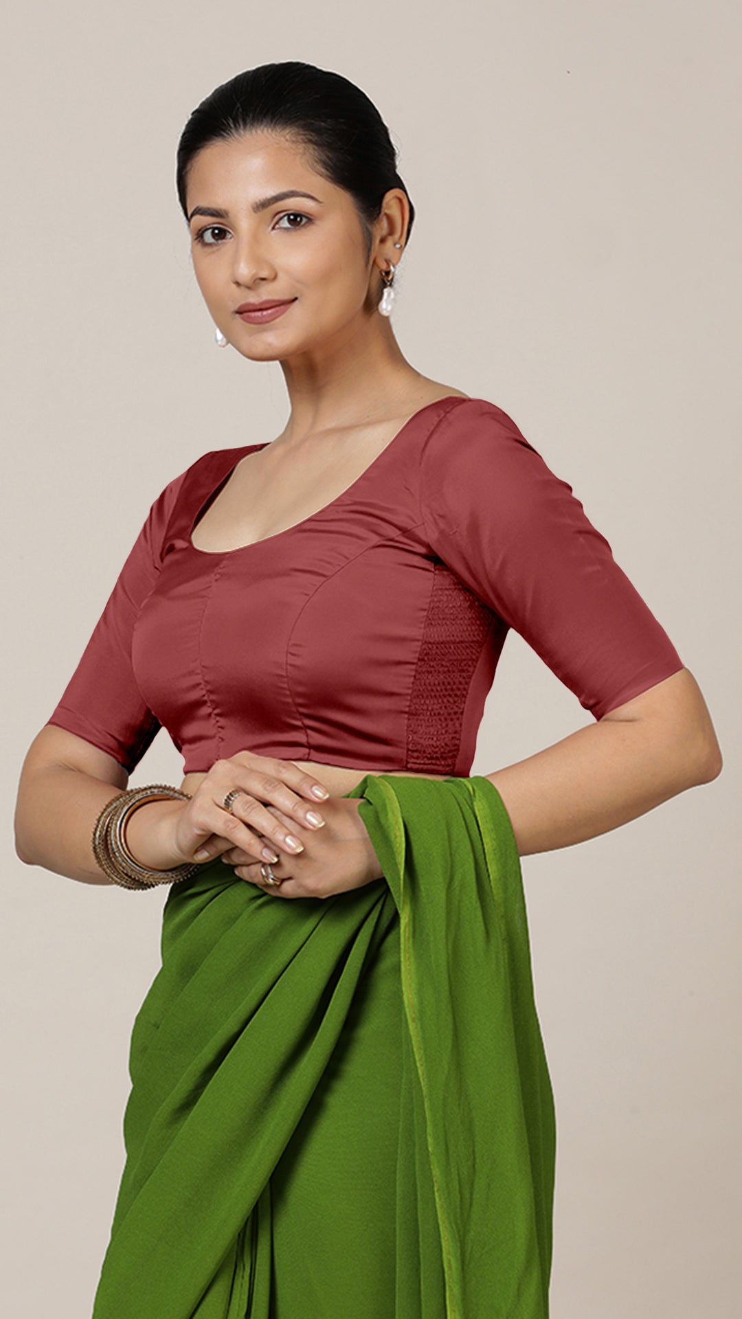 Anisha x Rozaana Saree Blouse, in Red Vegan Silk, featuring elbow sleeves and round neckline, made for daily & work (view 7).