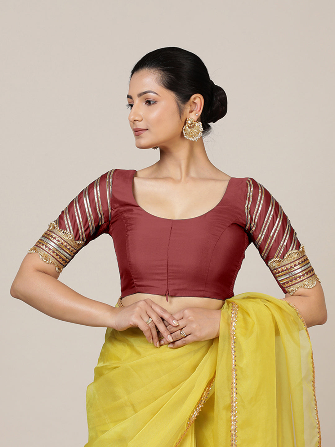Anisha x Tyohaar Saree Blouse, in Red Vegan Silk, featuring elbow sleeves and round neckline, made for party & festive (view 7).