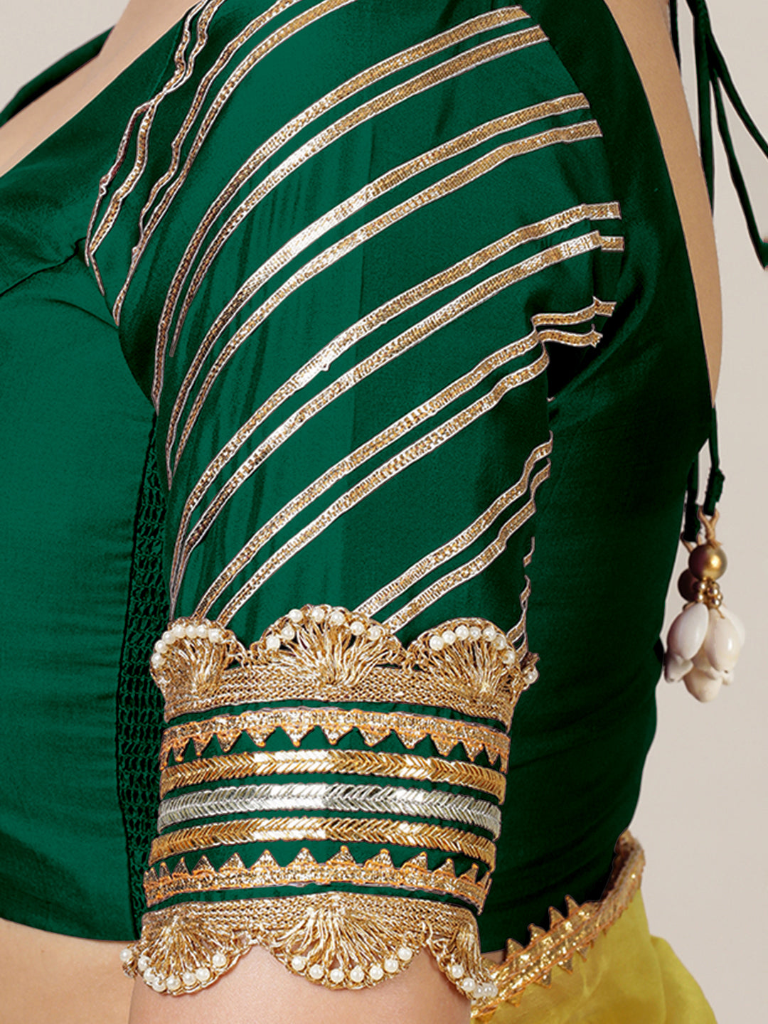 Anisha x Tyohaar Saree Blouse, in Green Vegan Silk, featuring elbow sleeves and round neckline, made for party & festive.