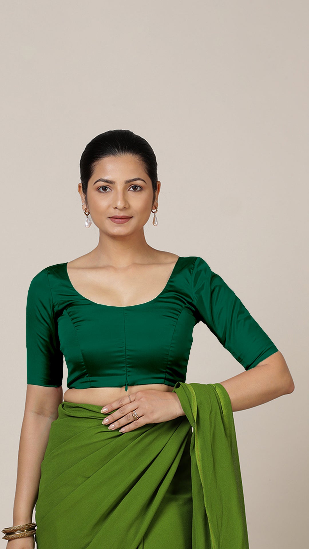 Anisha x Rozaana Saree Blouse, in Green Vegan Silk, featuring elbow sleeves and round neckline, made for daily & work (view 6).