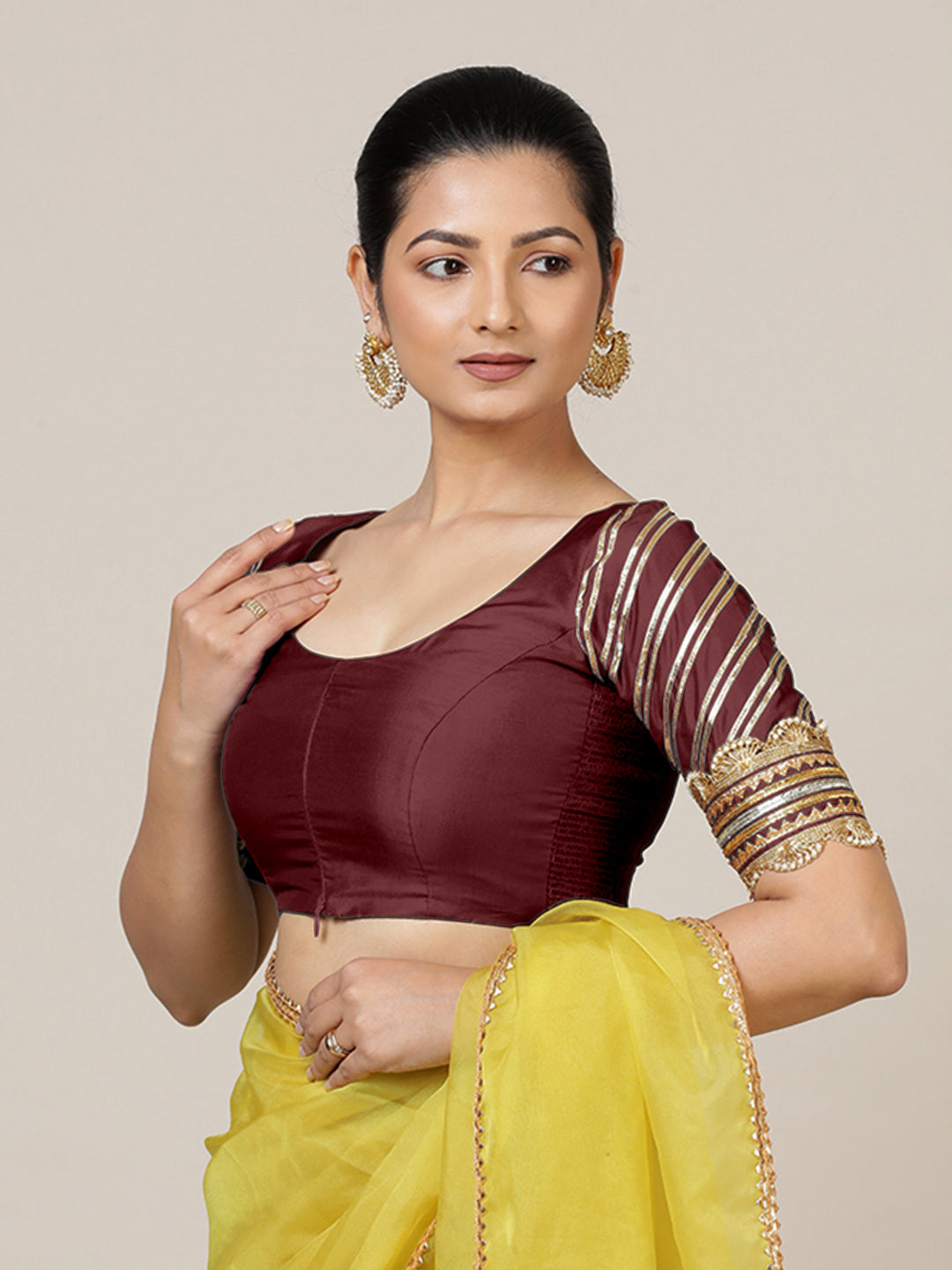 Anisha x Tyohaar Saree Blouse, in Maroon Vegan Silk, featuring elbow sleeves and round neckline, made for party & festive.