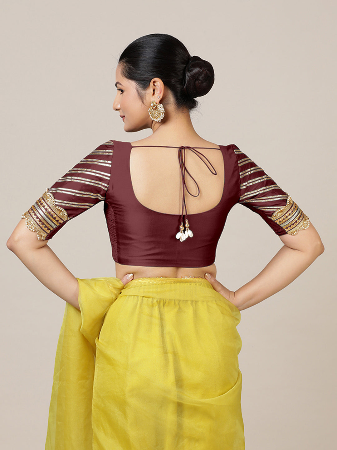 Anisha x Tyohaar Saree Blouse, in Maroon Vegan Silk, featuring elbow sleeves and round neckline, made for party & festive.