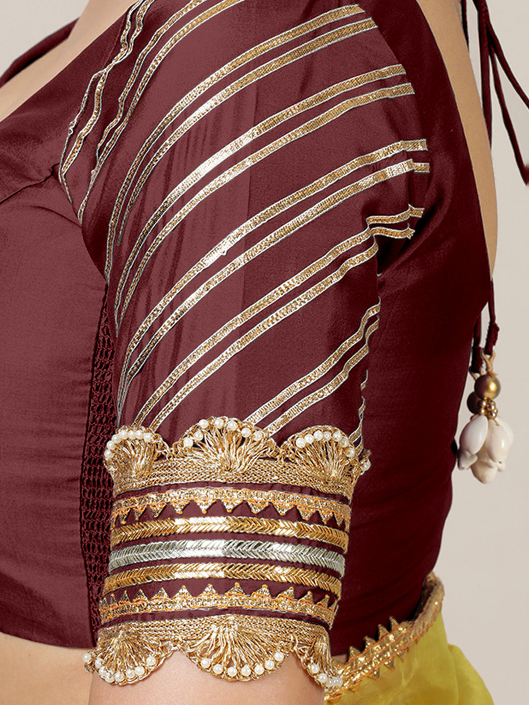 Anisha x Tyohaar Saree Blouse, in Maroon Vegan Silk, featuring elbow sleeves and round neckline, made for party & festive.