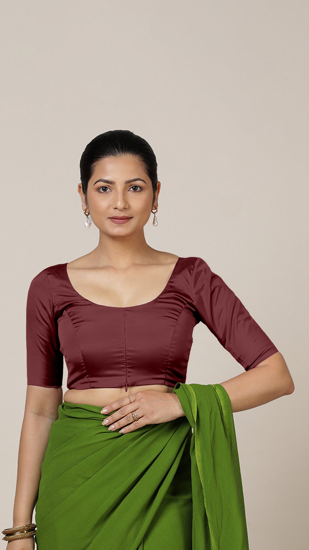 Anisha x Rozaana Saree Blouse, in Maroon Vegan Silk, featuring elbow sleeves and round neckline, made for daily & work (view 6).