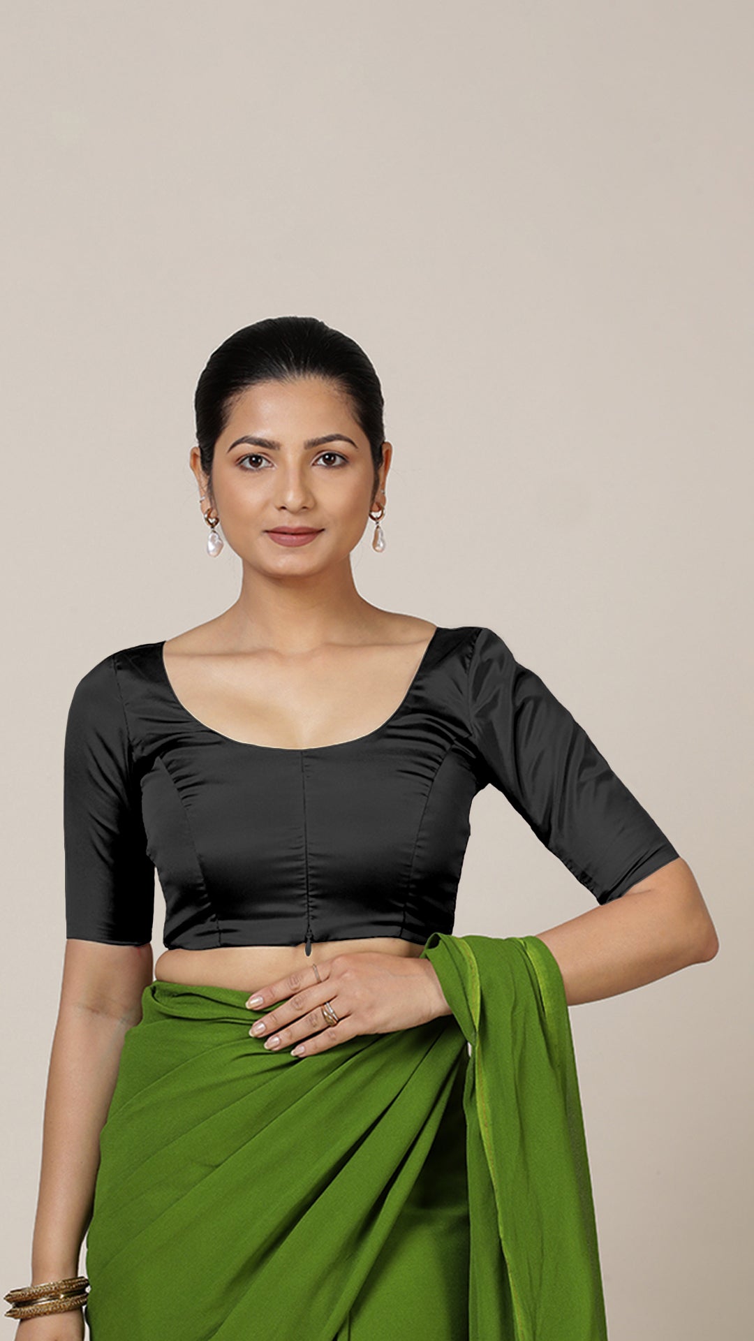 Anisha x Rozaana Saree Blouse, in Black Vegan Silk, featuring elbow sleeves and round neckline, made for daily & work (view 6).