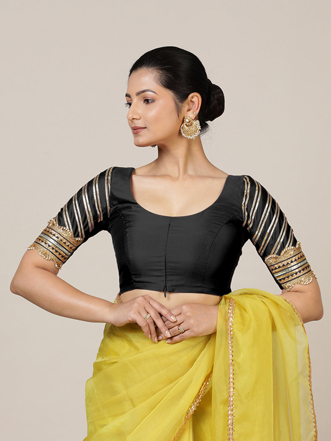 Anisha x Tyohaar Saree Blouse, in Black Vegan Silk, featuring elbow sleeves and round neckline, made for party & festive.