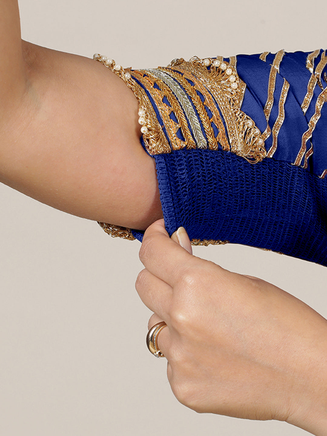 Anisha x Tyohaar Saree Blouse, in Blue Vegan Silk, featuring elbow sleeves and round neckline, made for party & festive.