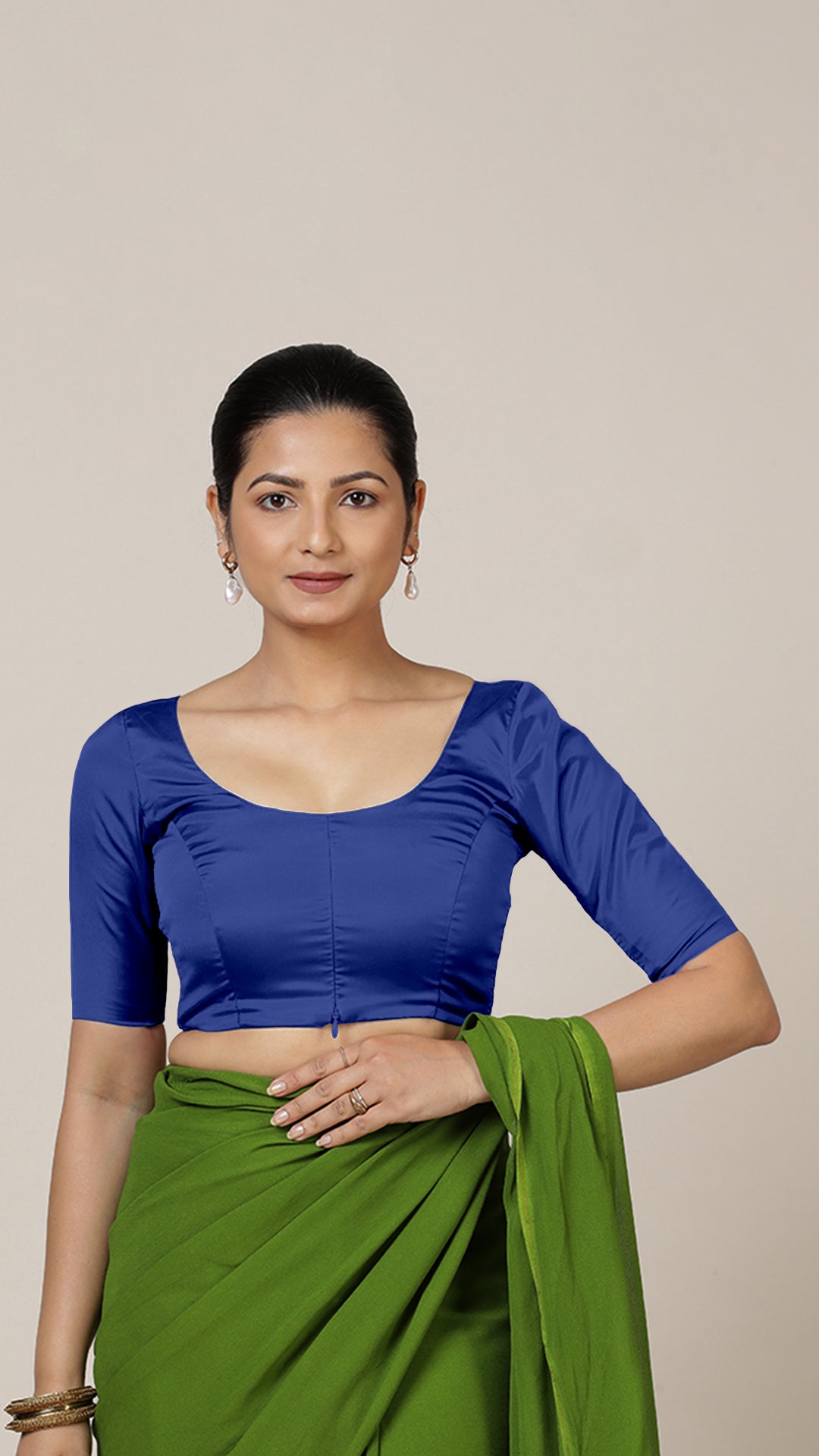 Anisha x Rozaana Saree Blouse, in Blue Vegan Silk, featuring elbow sleeves and round neckline, made for daily & work (view 6).