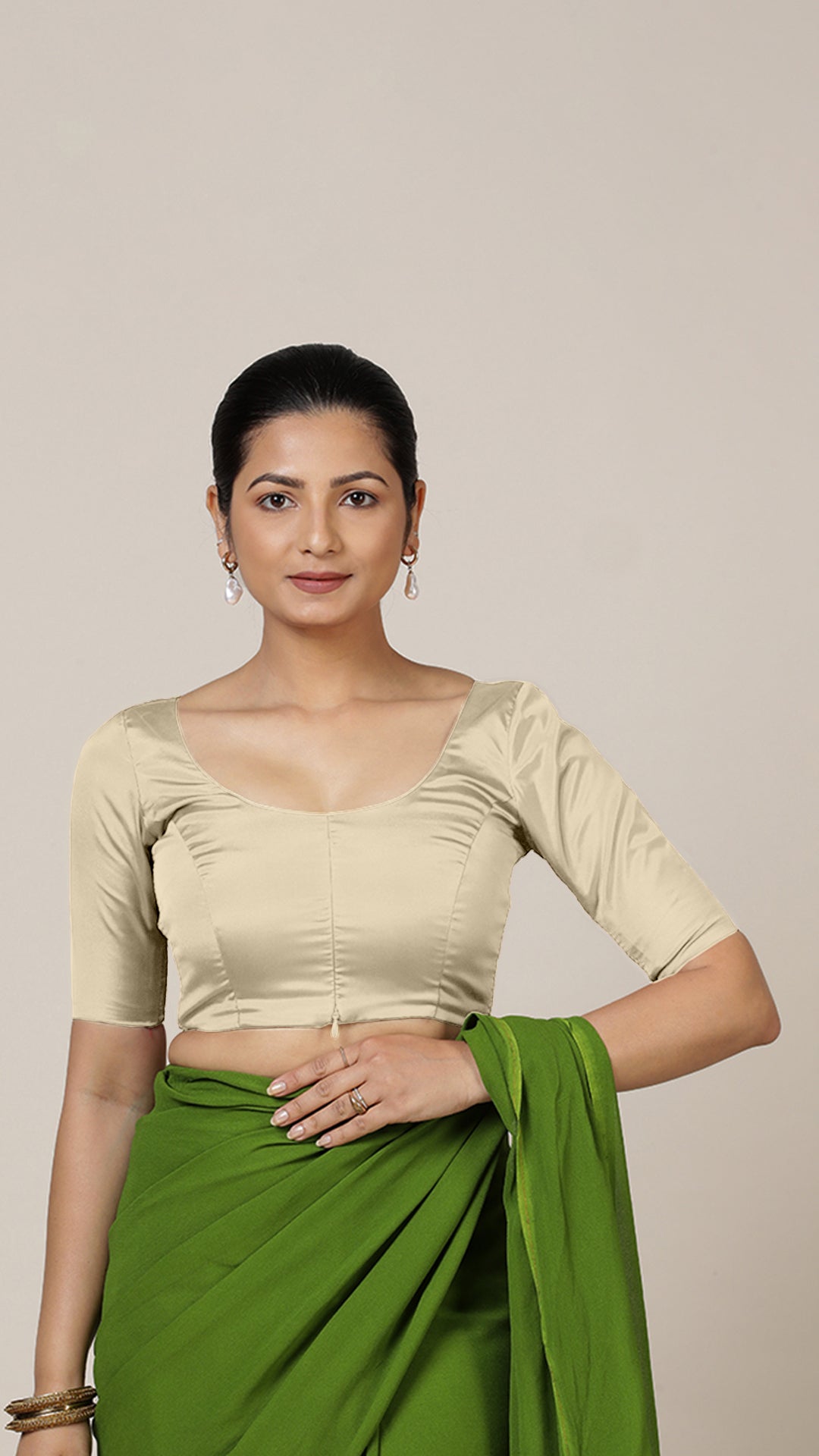 Anisha x Rozaana Saree Blouse, in Cream Vegan Silk, featuring elbow sleeves and round neckline, made for daily & work.
