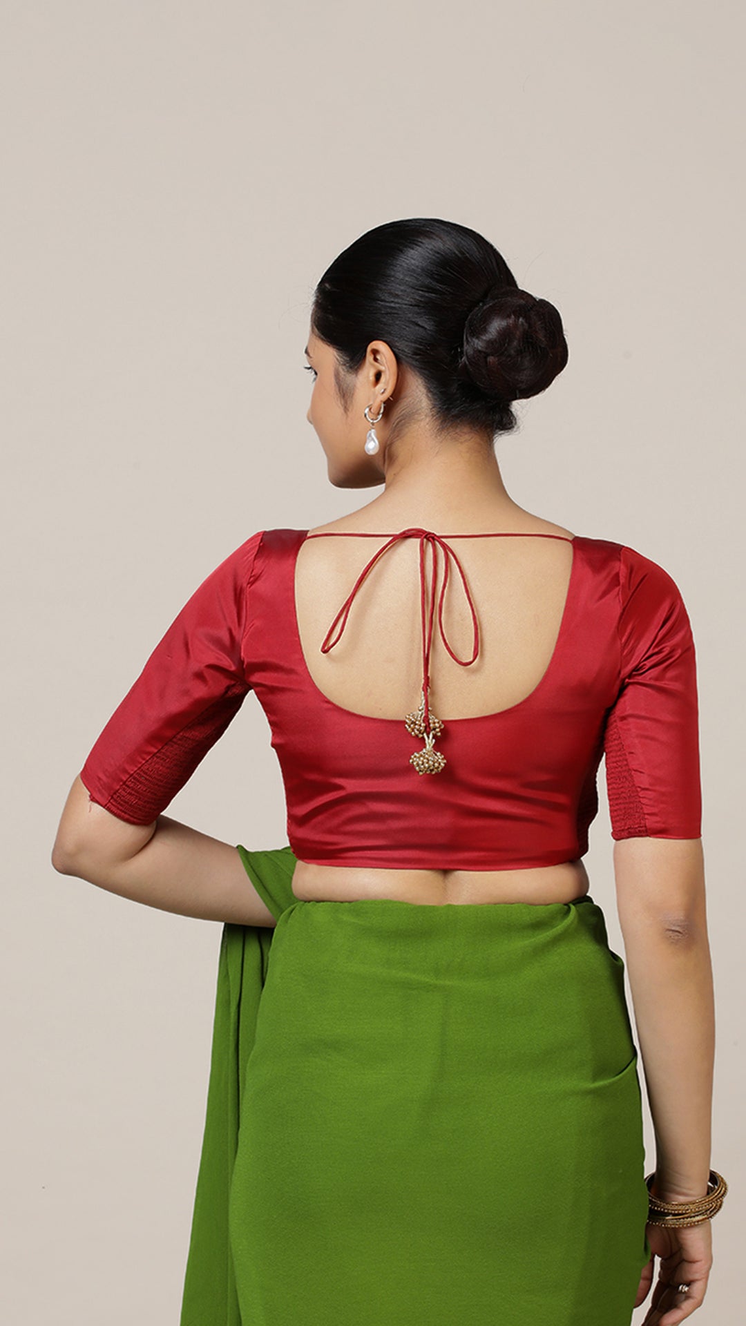 Anisha x Rozaana Saree Blouse, in Red Vegan Silk, featuring elbow sleeves and round neckline, made for daily & work (view 4).