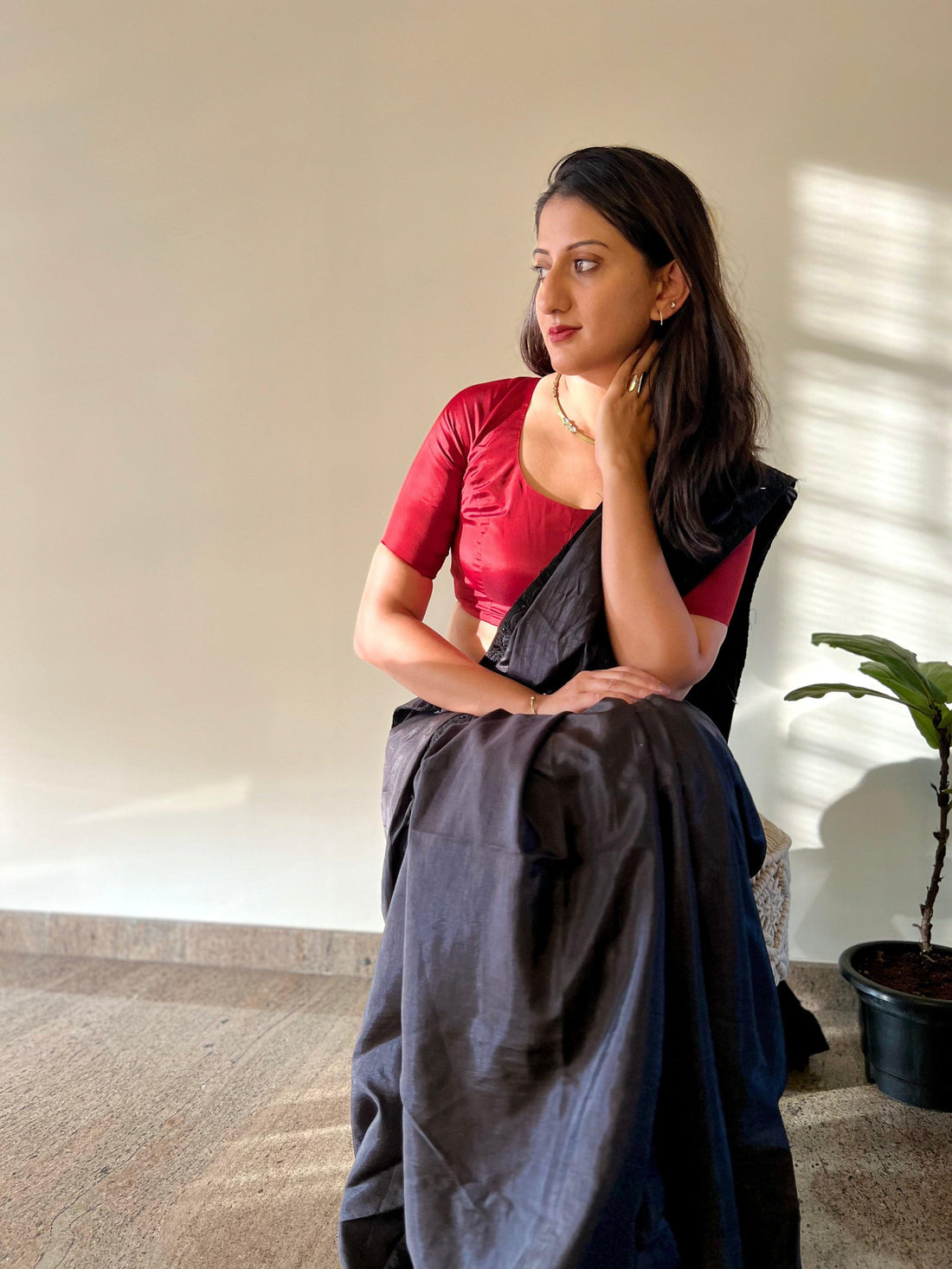 Anisha x Rozaana Saree Blouse, in Red Vegan Silk, featuring elbow sleeves and round neckline, made for daily & work (view 6).